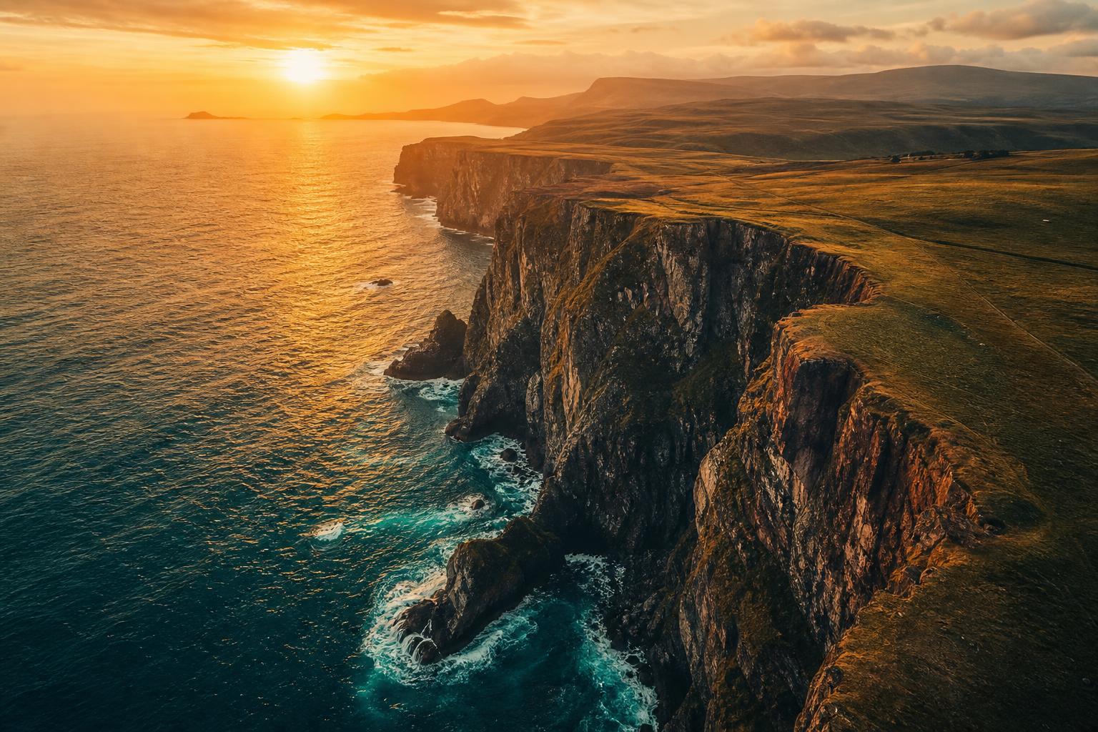 Aerial drone view of coastal cliffs at golden hour, color graded