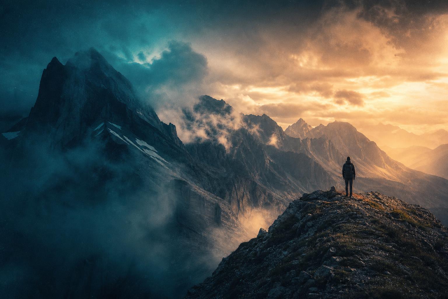 Moody colour-graded mountain landscape at dusk