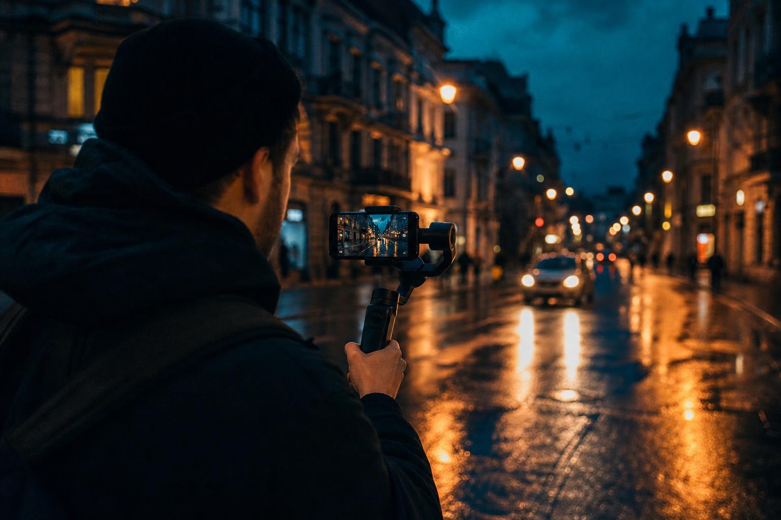 Filmmaker grading iPhone Apple Log footage on a moody city street