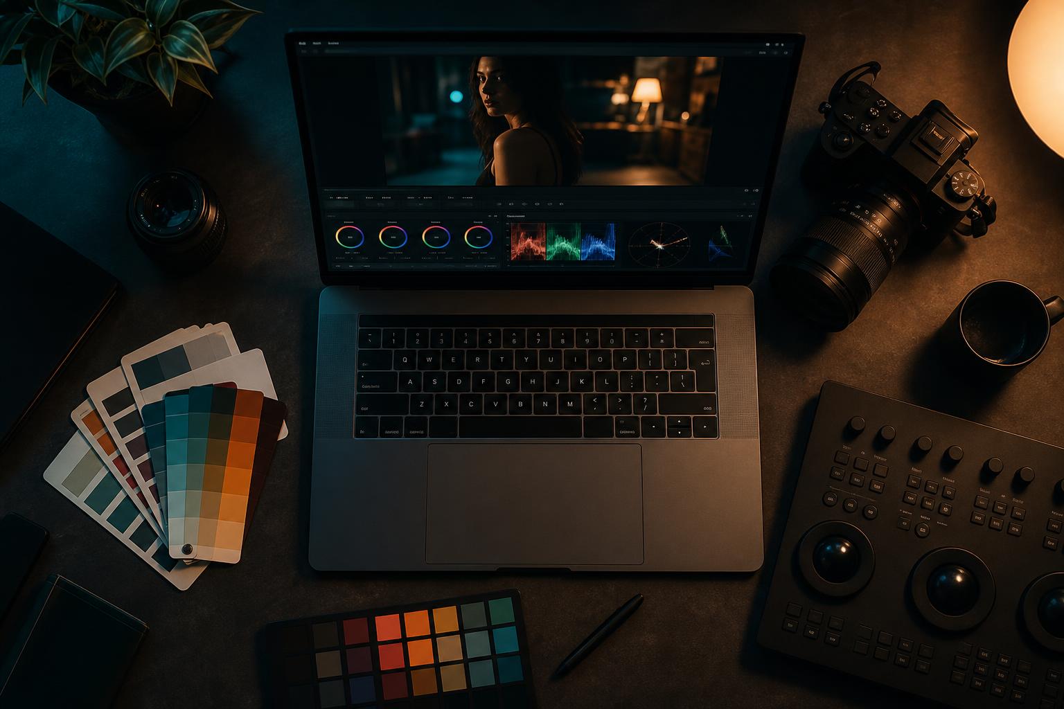 Colorist desk with laptop, camera and colour swatch cards