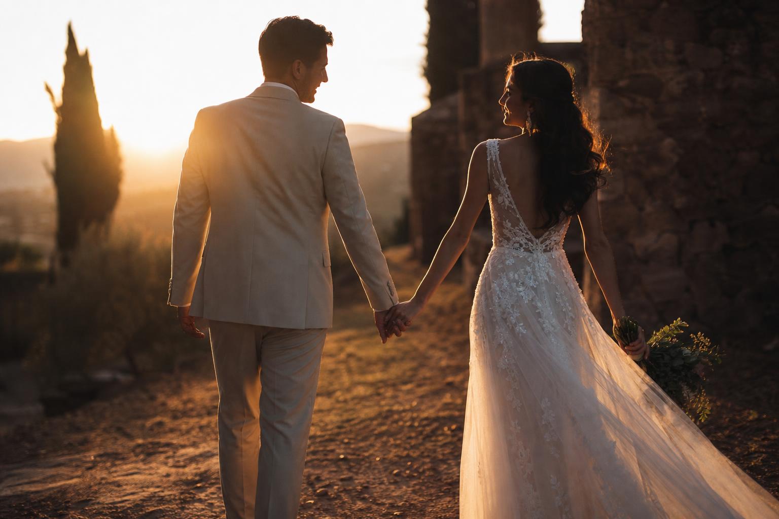 Cinematic wedding film still graded at golden hour