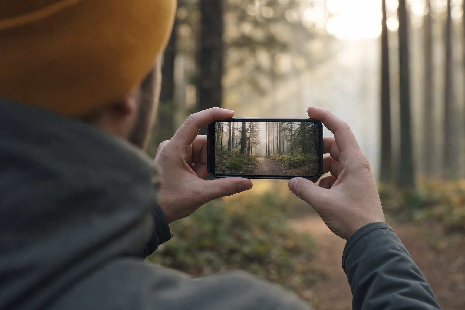 Filming a forest path in morning light with an iPhone held in landscape, recording in Apple Log