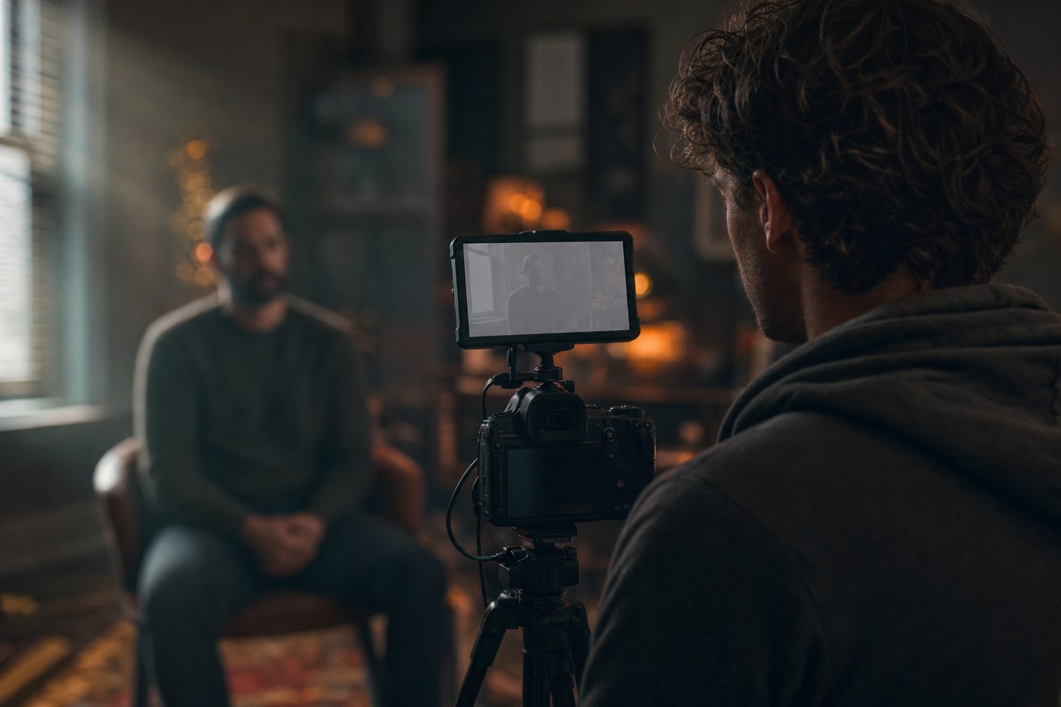 Camera operator filming an interview in C-Log3 on a Canon body