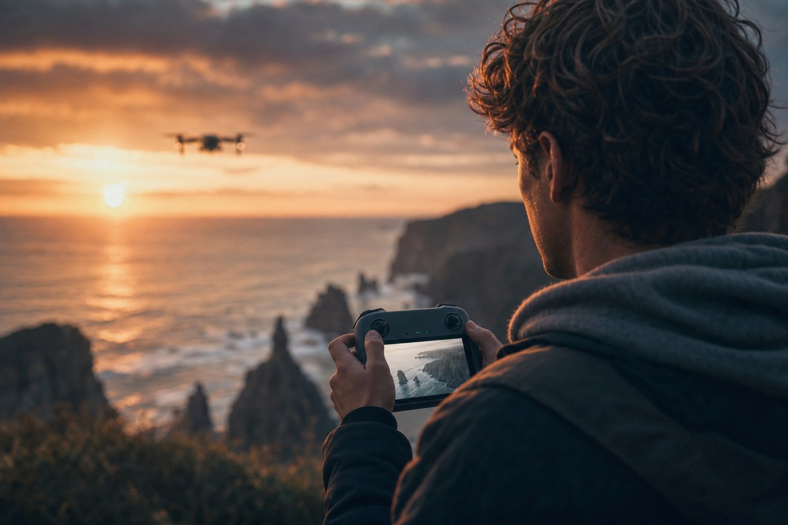 Drone pilot reviewing flat D-Log aerial footage on the controller