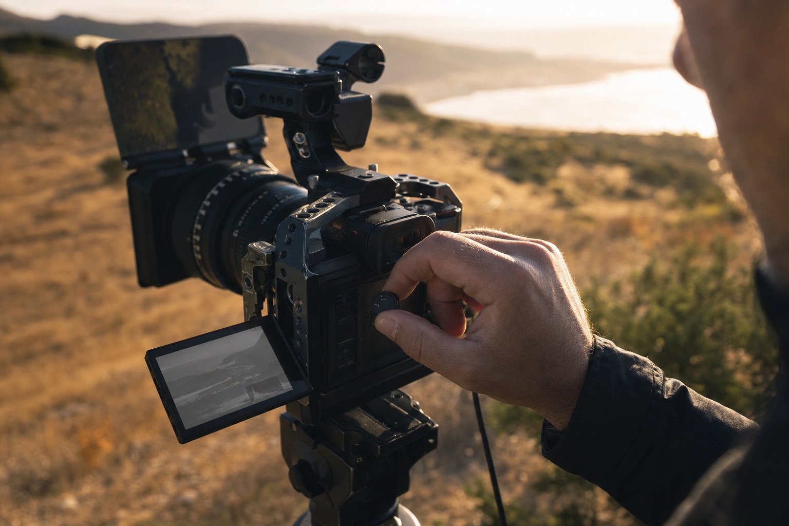 Camera operator checking exposure with flat grey log footage on the tilting screen