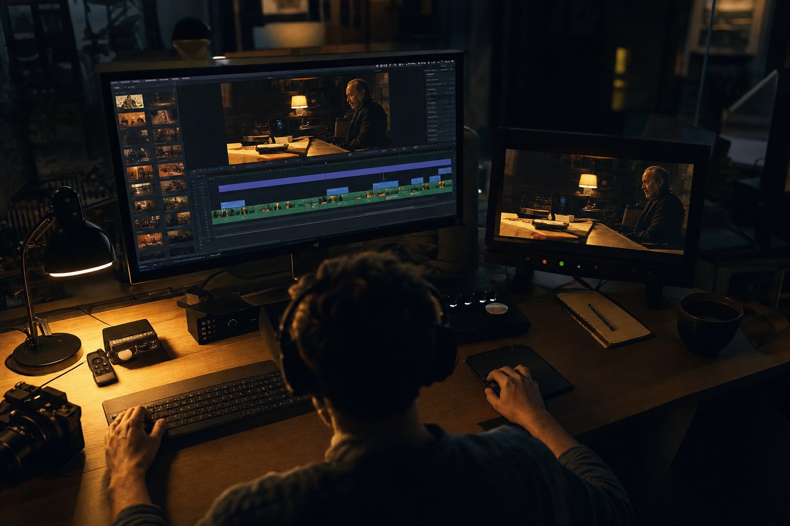 Editor working on a colour graded timeline at a desk lit by the screen