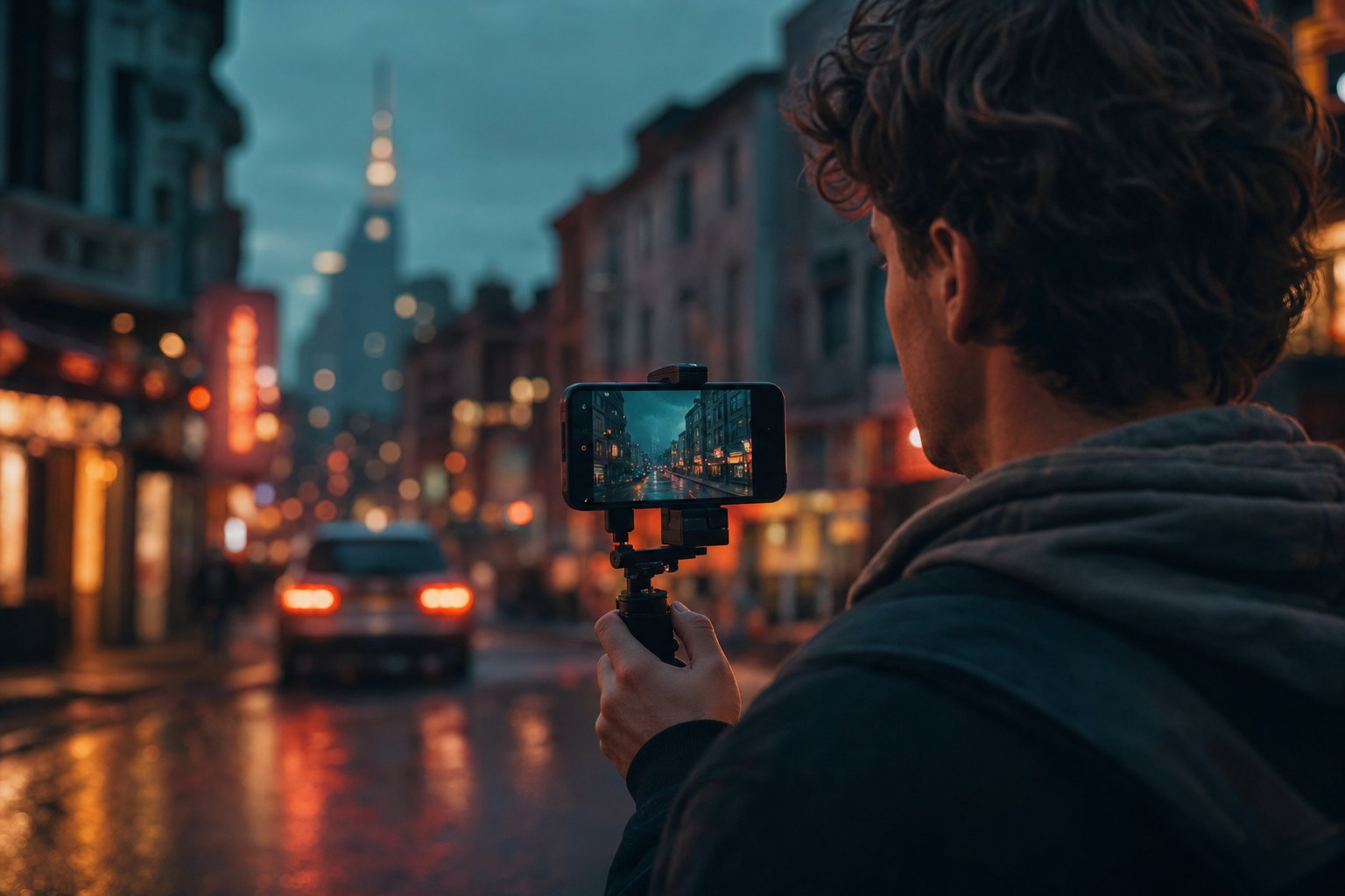 Filmmaker shooting Apple Log video on an iPhone on a handheld rig on a city street at dusk