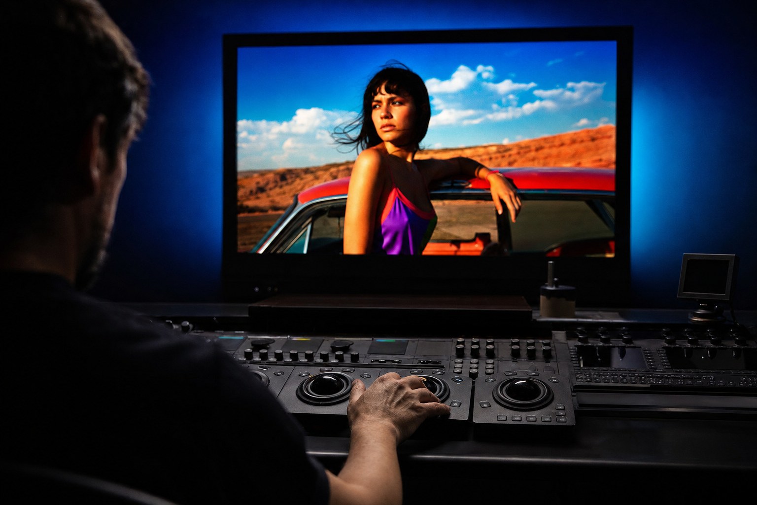 Colourist at a grading panel with an oversaturated image on the reference monitor