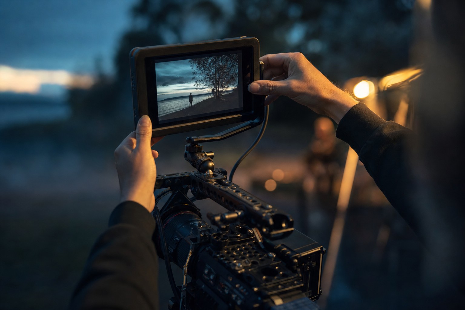 Field monitor on a cinema camera rig showing a preview image at dusk