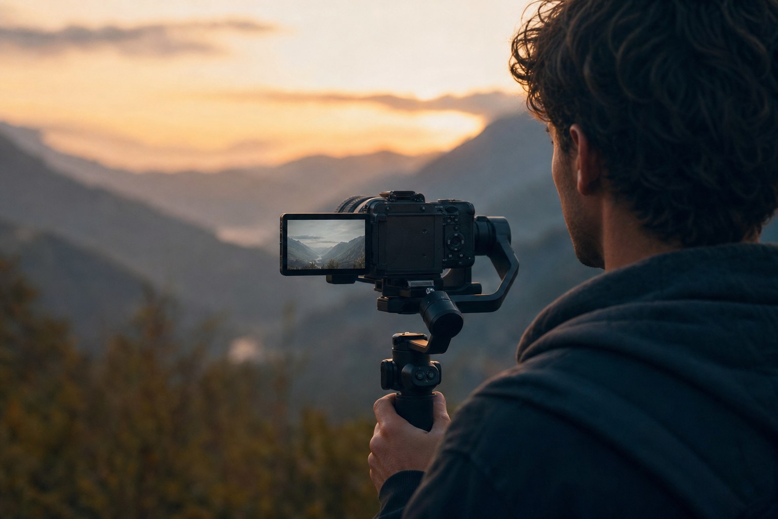 Filmmaker shooting S-Log3 on a Sony cinema camera at golden hour