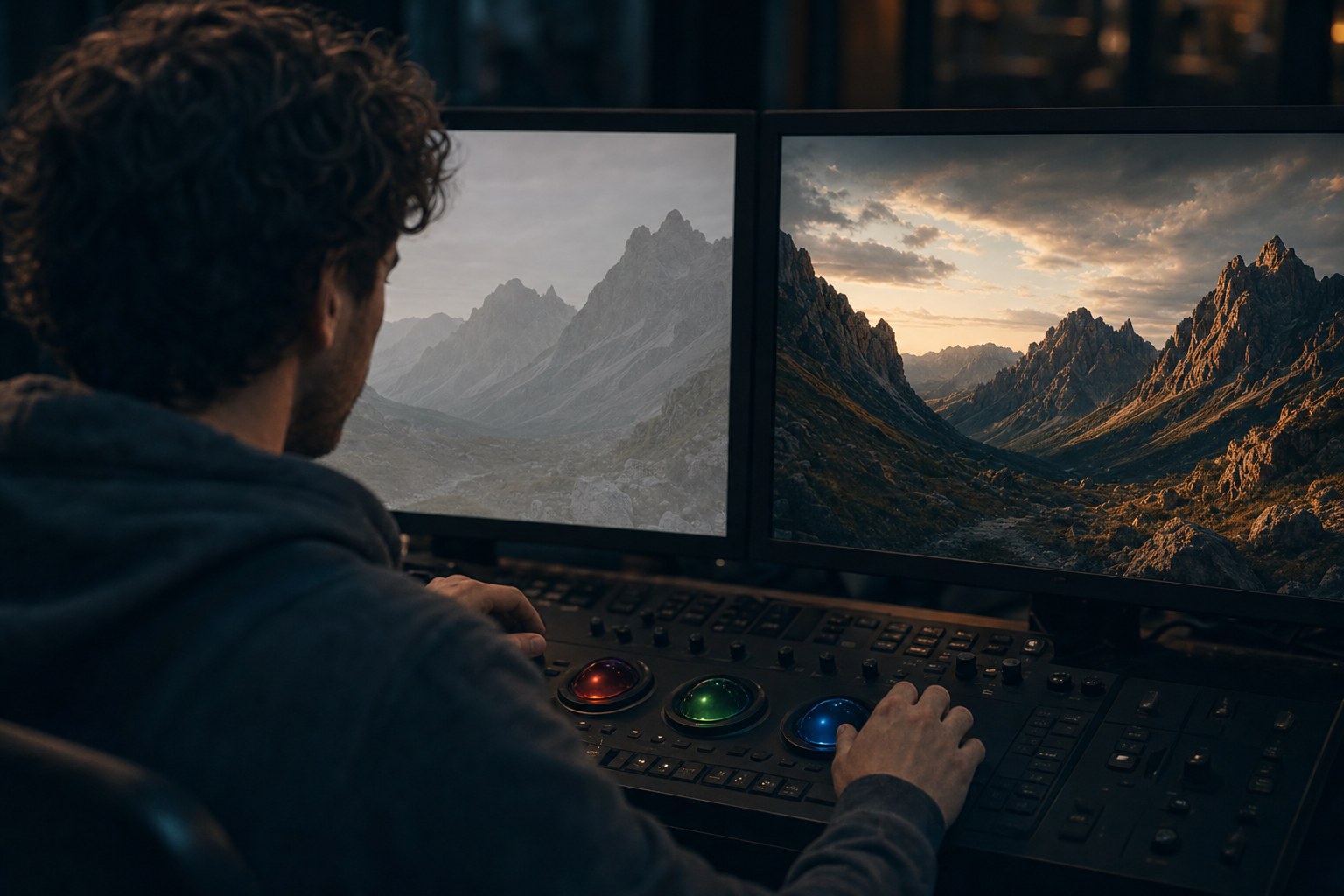 Colourist comparing flat log footage with the graded Rec.709 result