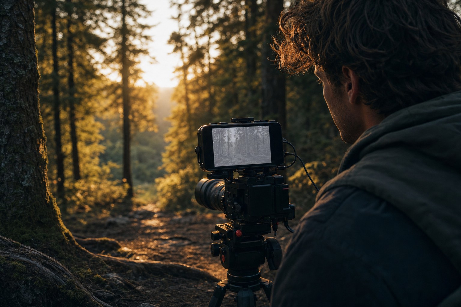 Filmmaker in a forest with a monitor showing flat grey log footage against warm daylight