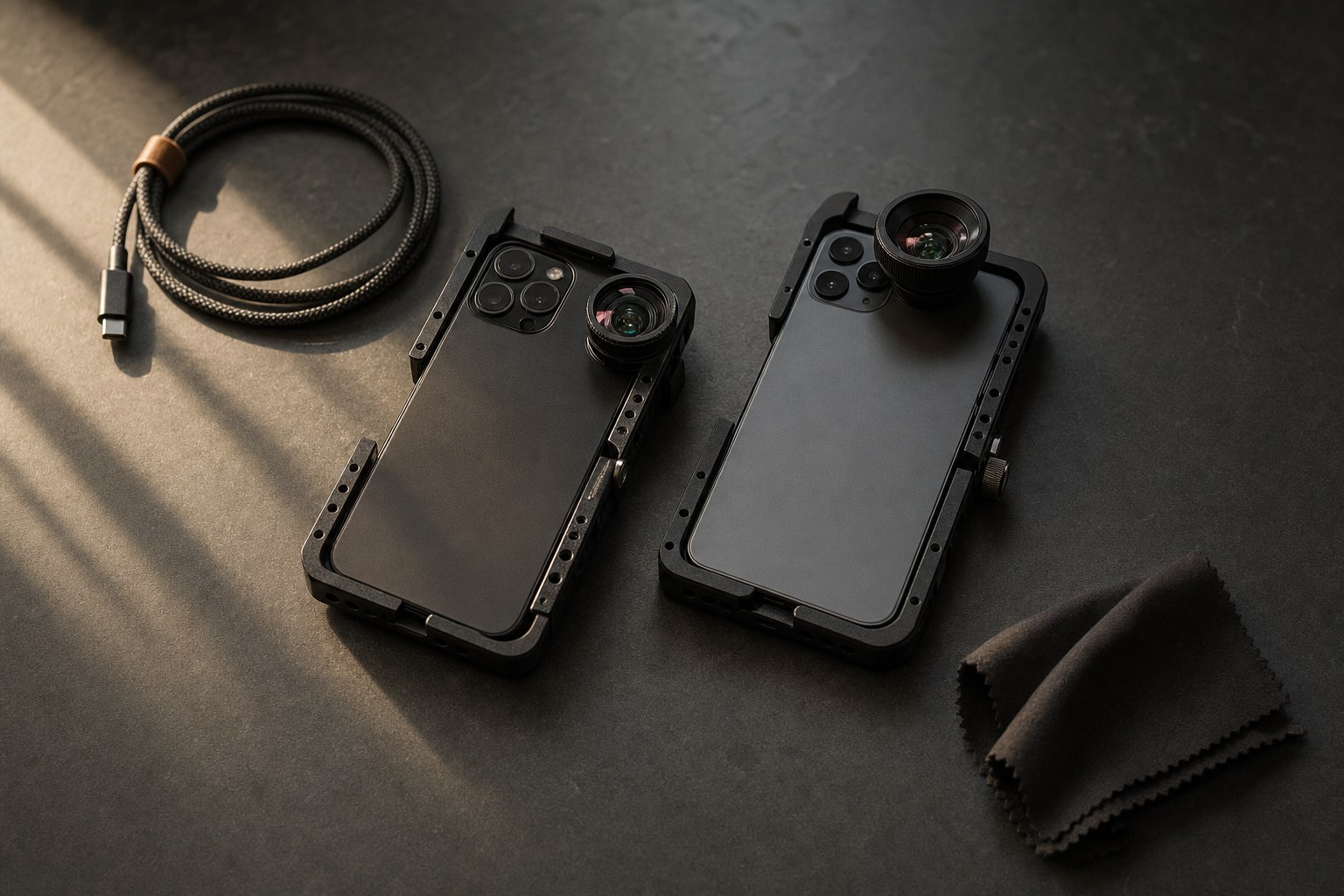 Two iPhones in cinema cage rigs side by side on a dark surface