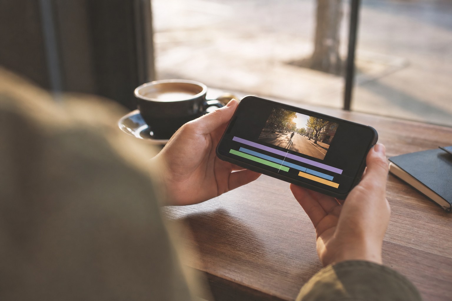 Editing a video clip on a smartphone at a cafe table