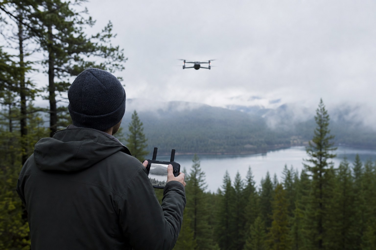 Drone pilot flying over a forest lake with flat D-Log footage on the controller screen