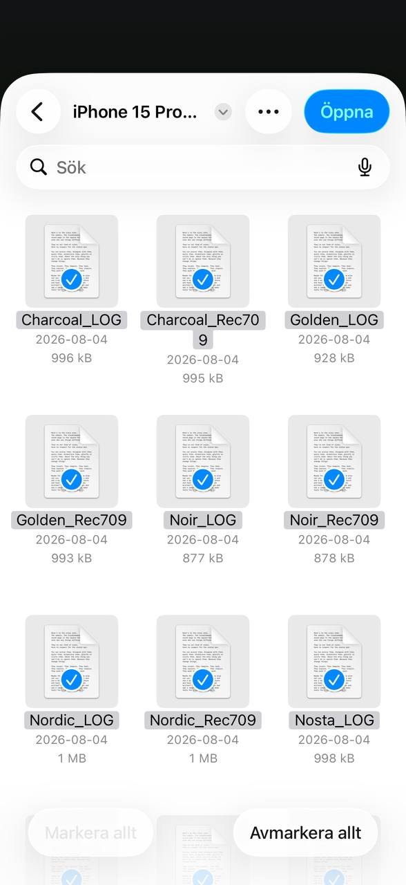 Files picker on iPhone with several Lutcraft .cube LUT files selected for import into VN