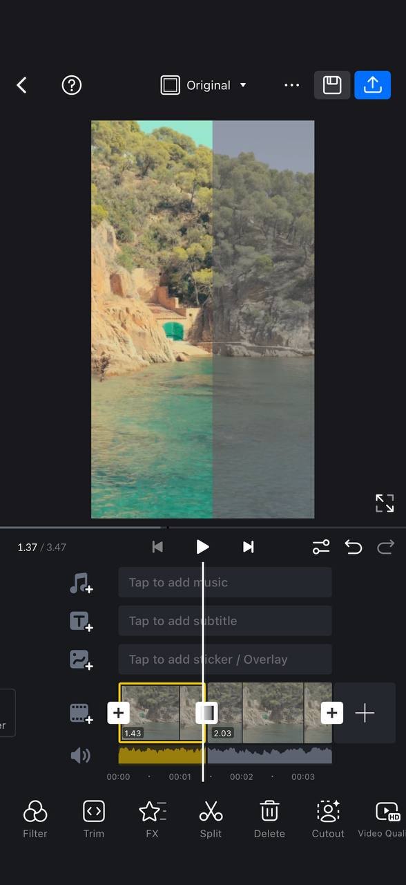Apple Log clip in VN Video Editor, left half with a Lutcraft look applied, right half flat Log