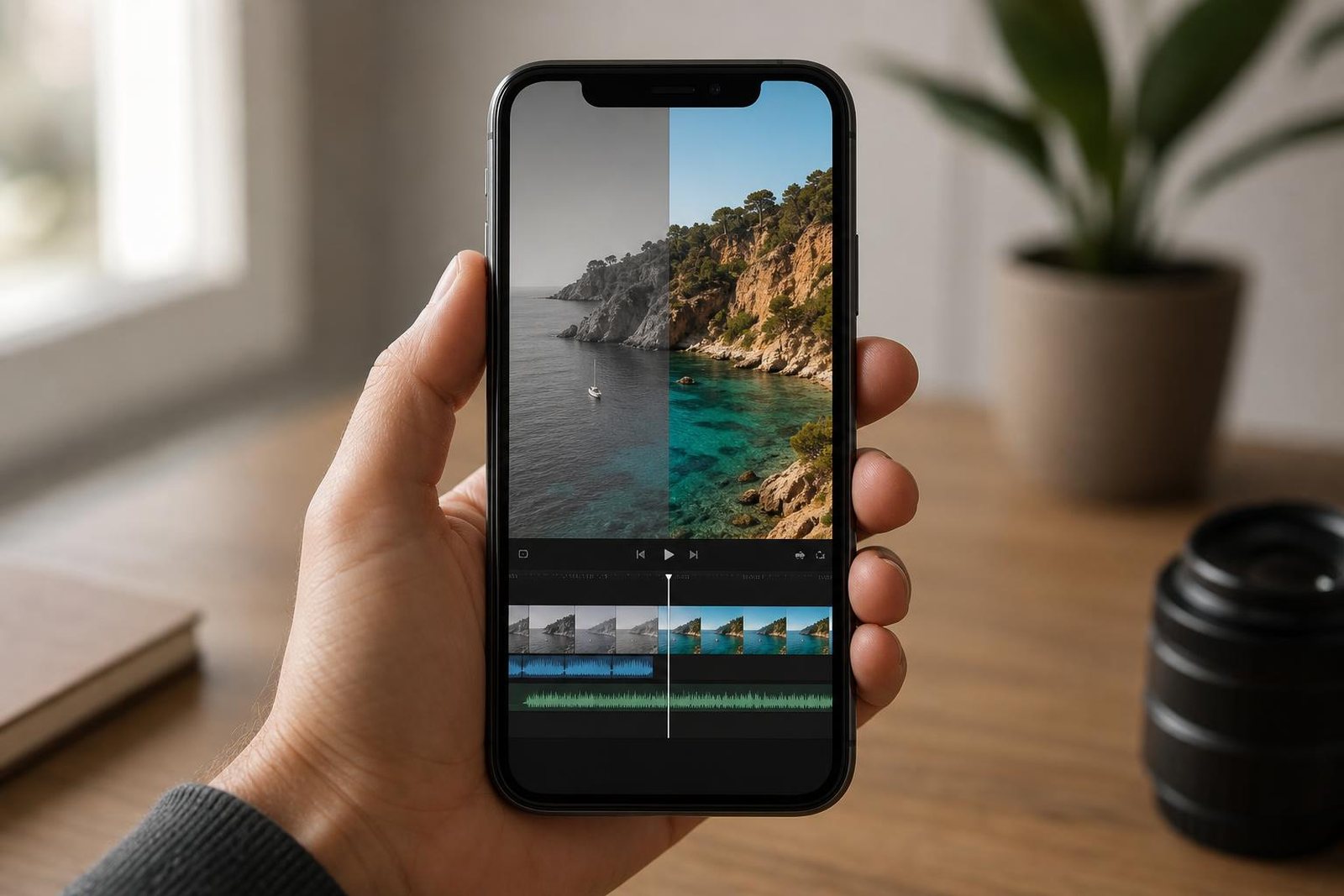 iPhone with a Log clip being color graded in a video editing app, half flat, half graded