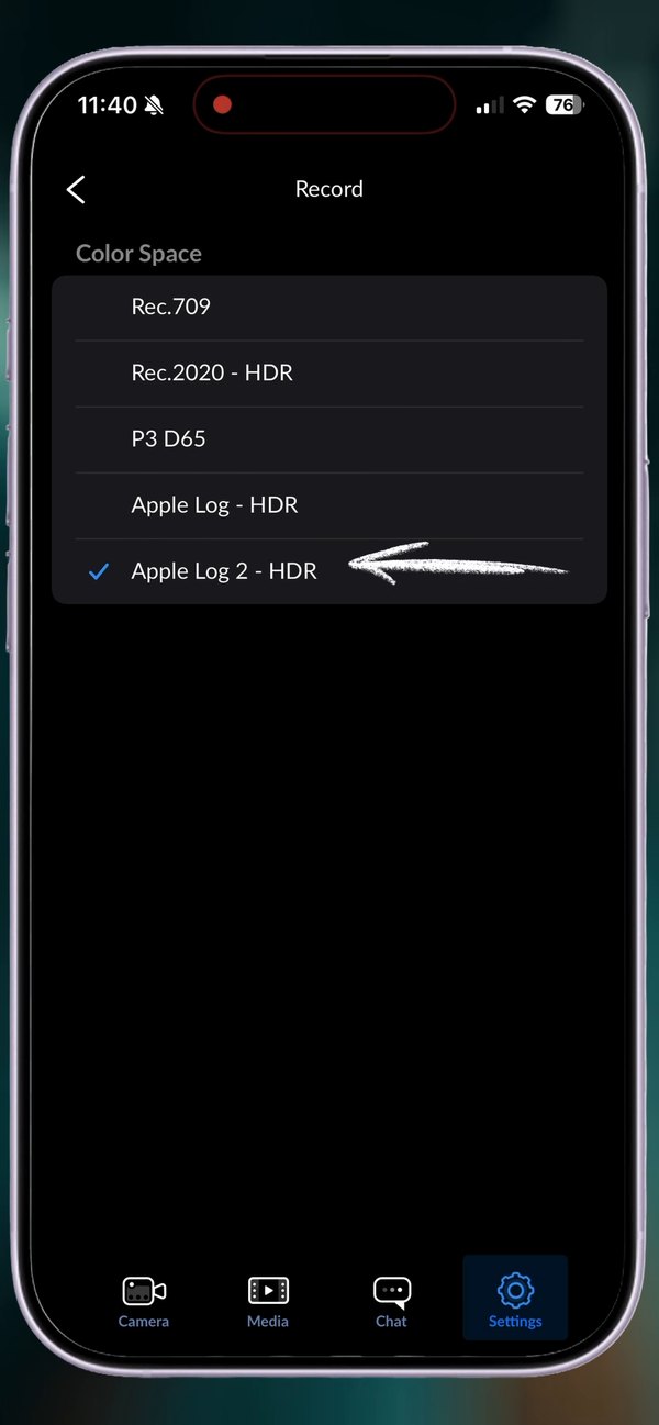 Color Space set to Apple Log 2 - HDR