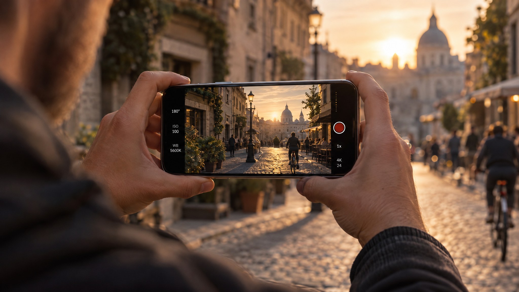 Filming a golden hour street with an iPhone, the camera app preview showing a cinematic LUT look